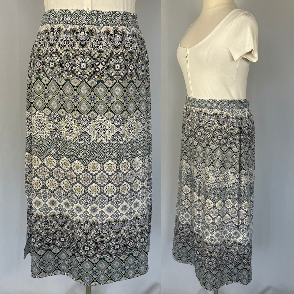 Christopher & Banks Midi Skirt Size XL Blue Mandala Print Boho Pull On Stretch